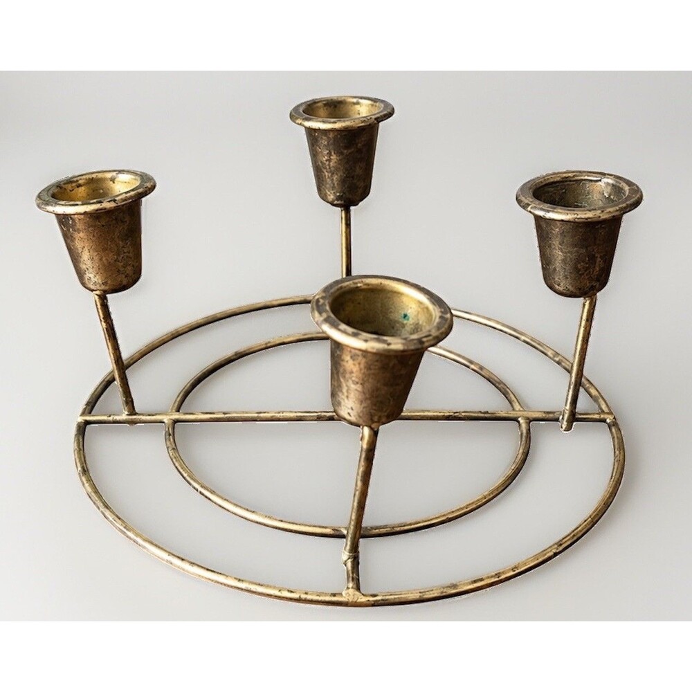 Vintage 4 Taper Candle Holder Round Metal Candelabra Brass Tone 8”